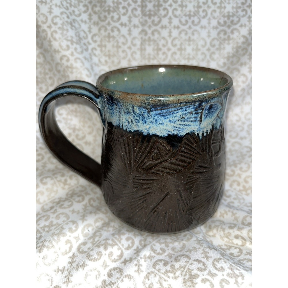 Art Studio Pottery Coffee Mug , Pine Needles, Brown And Blue Glazed Signed